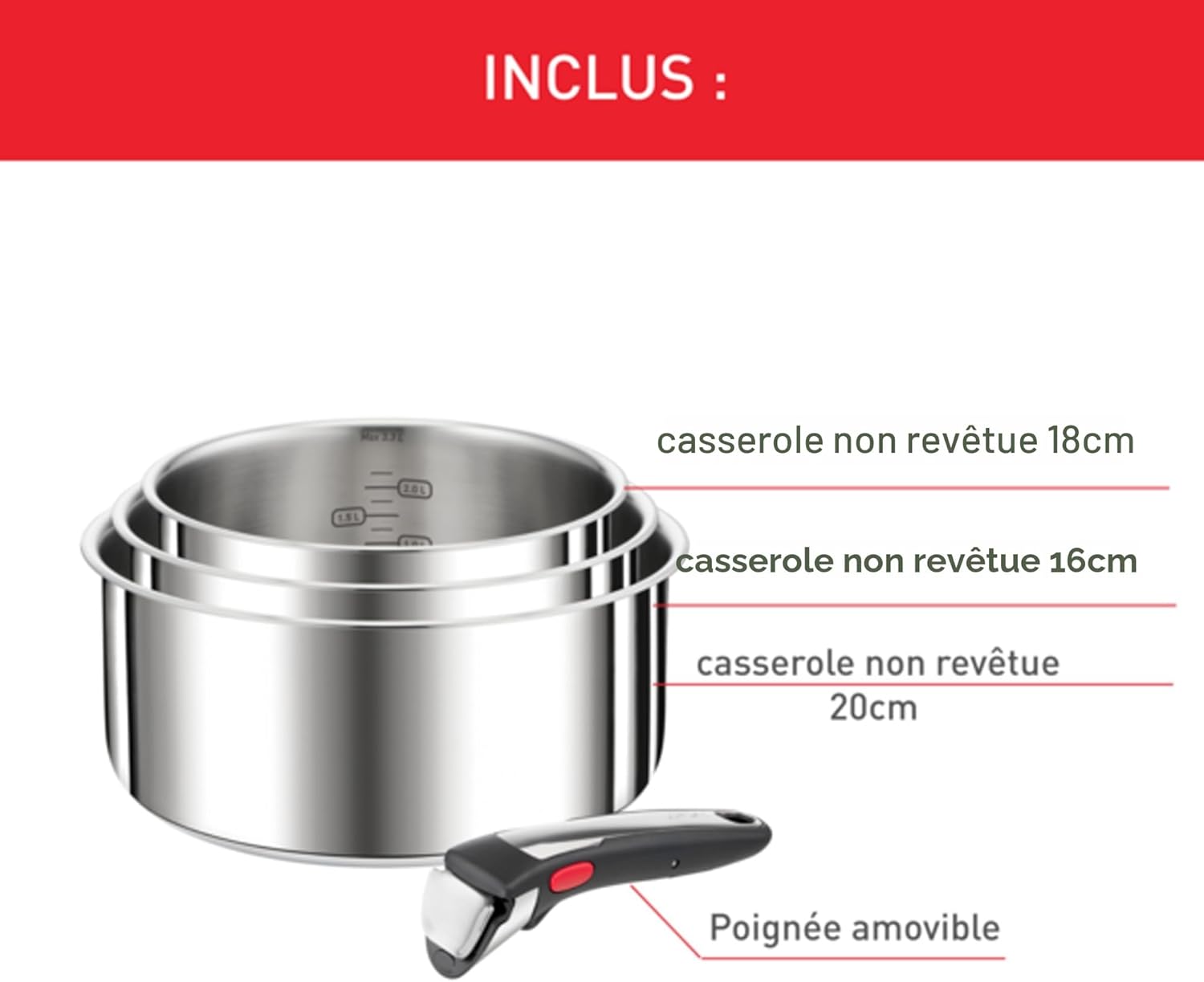 Ingenio Lot de 4 pièces, Casseroles 16/18/20 cm + 1 poignée amovible, Induction, Acier inoxydable, Empilable, Gain de place, Preference On L898S334 16/18/20cm