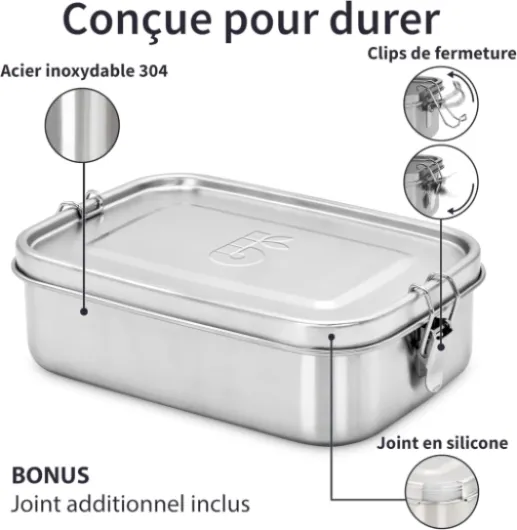 Lunch Box Inox 1200 ml, Boite Dejeuner Hermetique, Bento Compartimenté, Lunch Box Étanche, Boite a Gouter Inox 1200 ml, Eco Lunchbox