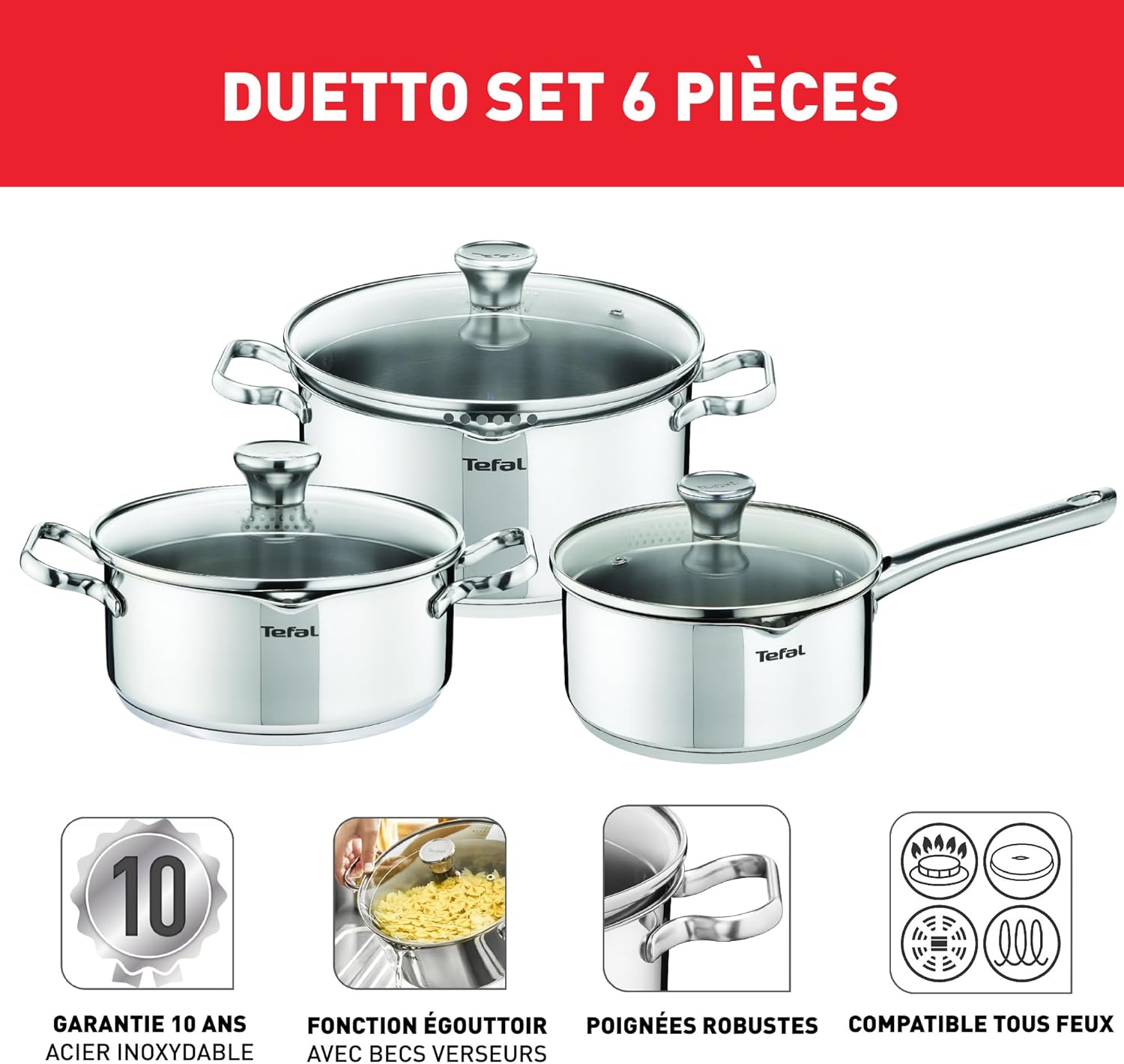Batterie de cuisine 6 pièces, Casserole 16 cm, Faitouts 20/24 cm, Couvercles en verre, Induction, Acier inoxydable 18/10, Garantie 10 ans, Base 3 couches, Duetto On A705S636