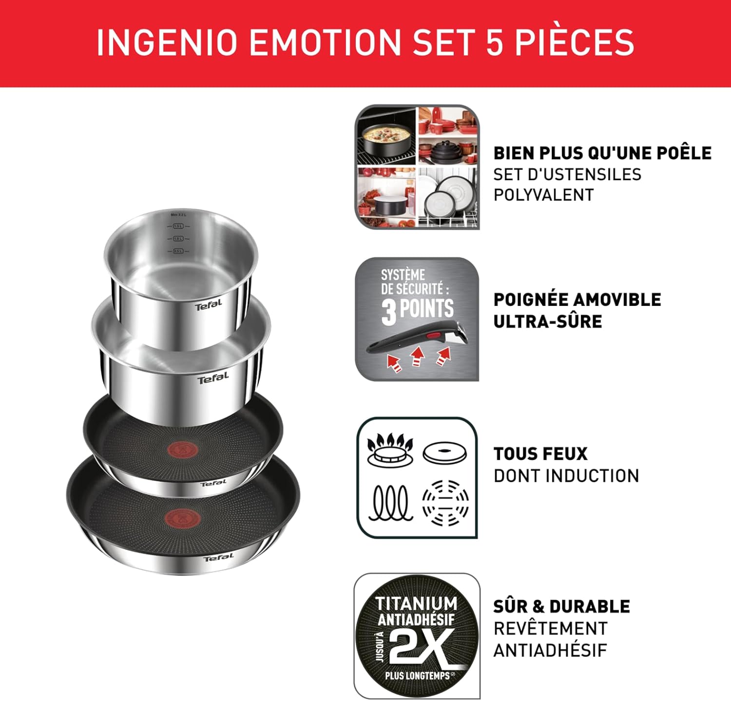 Ingenio Lot 2 Poêles, 2 Casseroles et Poignée amovible, Induction, Acier inoxydable, Empilable, Revêtement antiadhésif, Compatible lave-vaisselle, Garantie 5 ans, Emotion L897S504 5 pièces