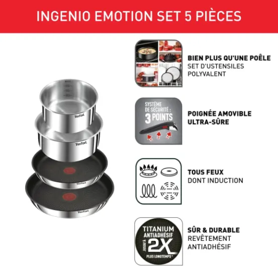 Ingenio Lot 2 Poêles, 2 Casseroles et Poignée amovible, Induction, Acier inoxydable, Empilable, Revêtement antiadhésif, Compatible lave-vaisselle, Garantie 5 ans, Emotion L897S504 5 pièces