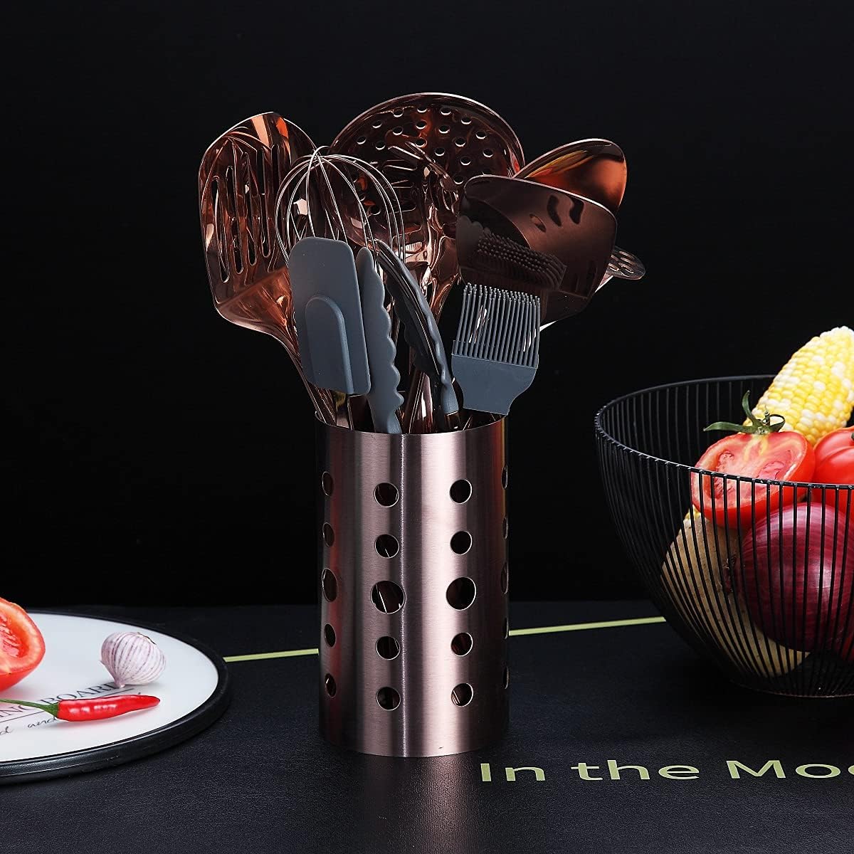 Ensemble D'ustensiles de Cuisine en Cuivre et Acier Inoxydable de 13 Pièces Avec Placage En or Rose en Titane, Ensemble D'outils de Cuisine Avec Porte-Ustensiles