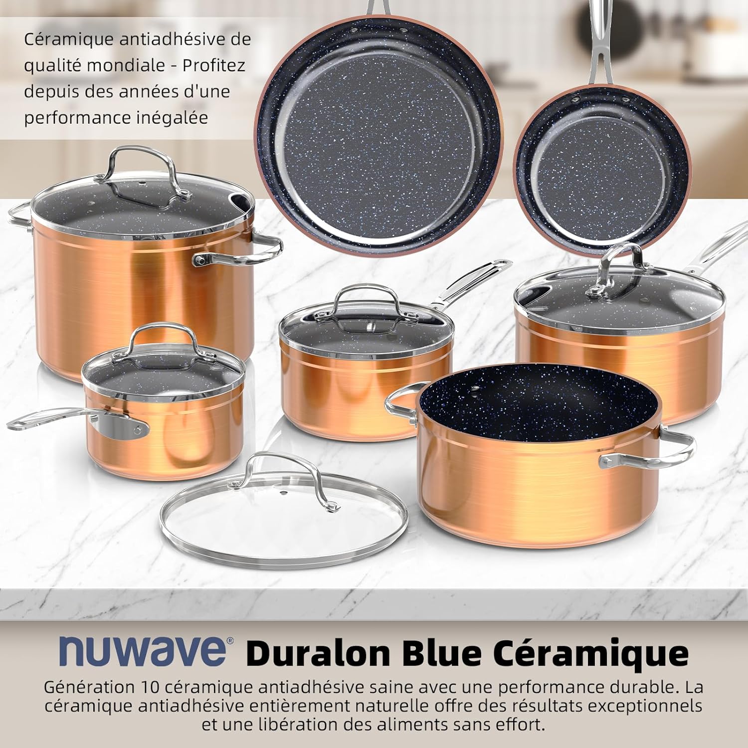 Nuwave Batterie de Cuisine 12 Pièces – Antiadhésif Céramique Duralon Blue dans Cuivre Rustique, Poêles, Casseroles, Faitout, Sauteuse Profonde, Compatible Induction, Sans PFAS, Avec Couvercles Pistachio Green
