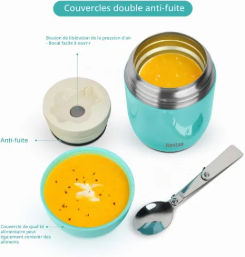 WayEee Boîtes Alimentaires isothermes,Boite Isotherme Repas Chaud Porte-Aliments en Acier Inoxydable à Double Couche pour Ecole Bureau/450ml Bleue Blue 450 ml