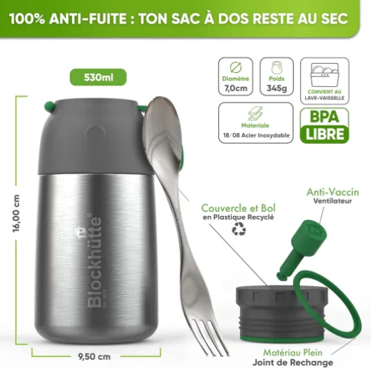 Boite isotherme 530ml En inox Avec Cuillère et Fourchette - Boite Repas isotherme Avec Sac de Transport - Thermos Repas idéal Pour l’école - Passe Au Lave-Vaisselle 18oz
