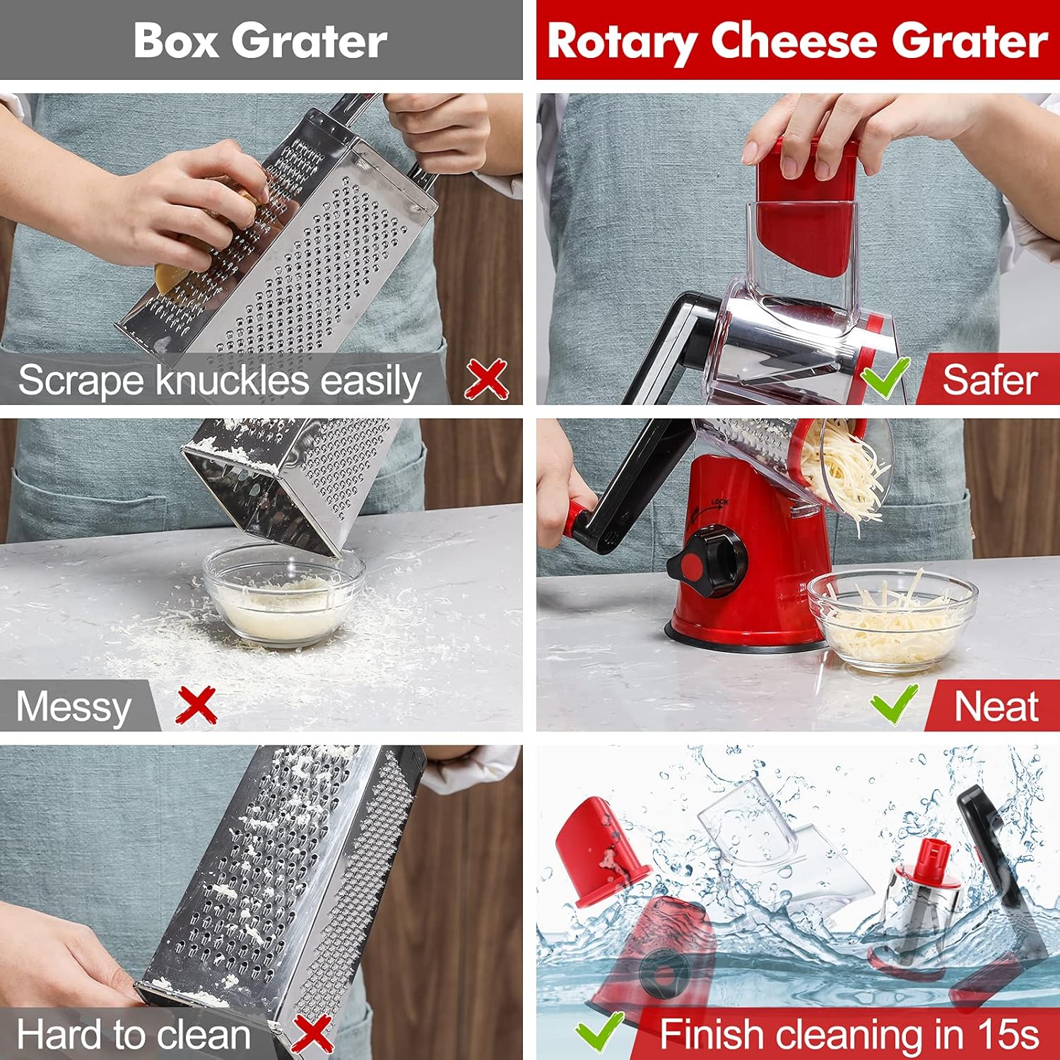 Râpe à Fromage Rotative, 3 Lames Interchangeables, Facile à Utiliser et Nettoyer, Sûre et Efficace, Rouge, ABS/acier inoxydable 430 Rouge Noir