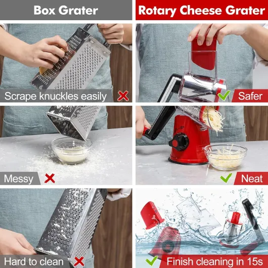 Râpe à Fromage Rotative, 3 Lames Interchangeables, Facile à Utiliser et Nettoyer, Sûre et Efficace, Rouge, ABS/acier inoxydable 430 Rouge Noir