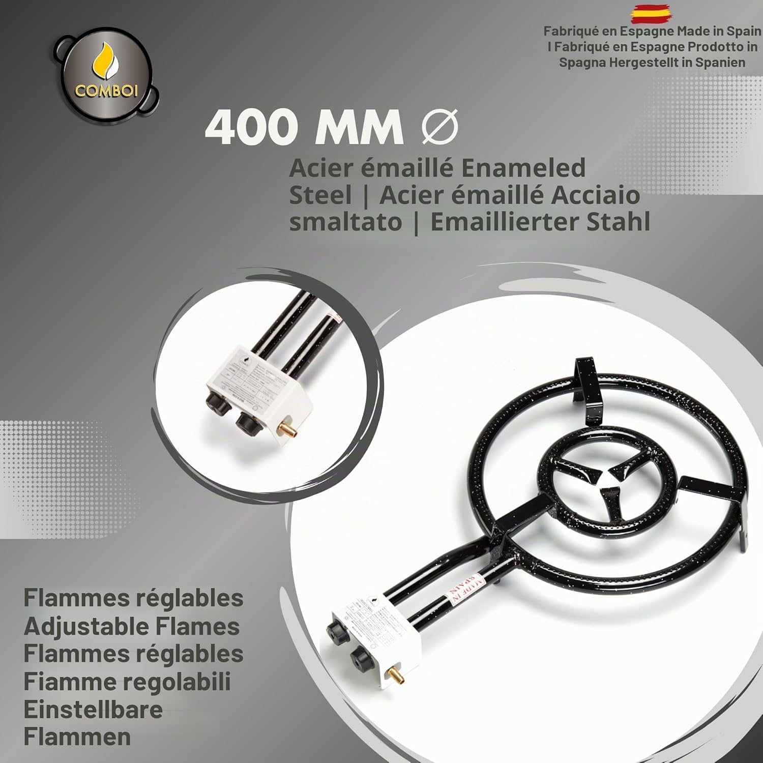 Réchaud à paella gaz butane 40 cm, poêle à paella 46 cm, kit brûleur, régulateur de gaz, tuyau, pieds trépied, niveau, tablier, livre de recettes numérique (kit 400 + pieds trépieds) KIT 400 + Patas Trípode