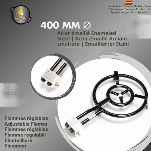Réchaud à paella gaz butane 40 cm, poêle à paella 46 cm, kit brûleur, régulateur de gaz, tuyau, pieds trépied, niveau, tablier, livre de recettes numérique (kit 400 + pieds trépieds) KIT 400 + Patas Trípode